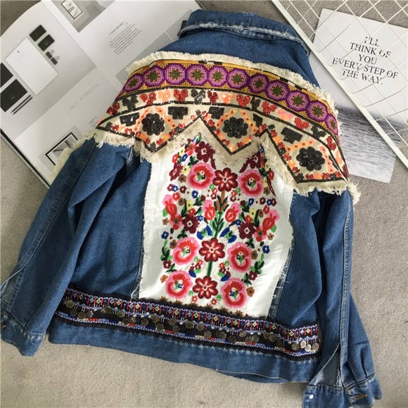 Boho Denim Blue Floral Embroidered Jean Jacket - Picture 12 of 14